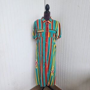 L&B Lucky & Blessed Women’s Colorful Striped Maxi Dress Button Up Short Sleeve M